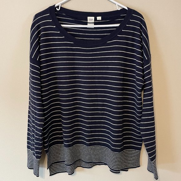 GAP Women’s Large Navy White Thin Horizontal-Striped L/S Drop Sleeve Sweater Top - Picture 1 of 16
